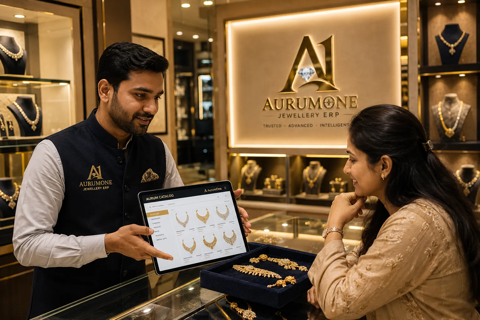 A jeweller showing Aurum Catalog on an iPad to a customer